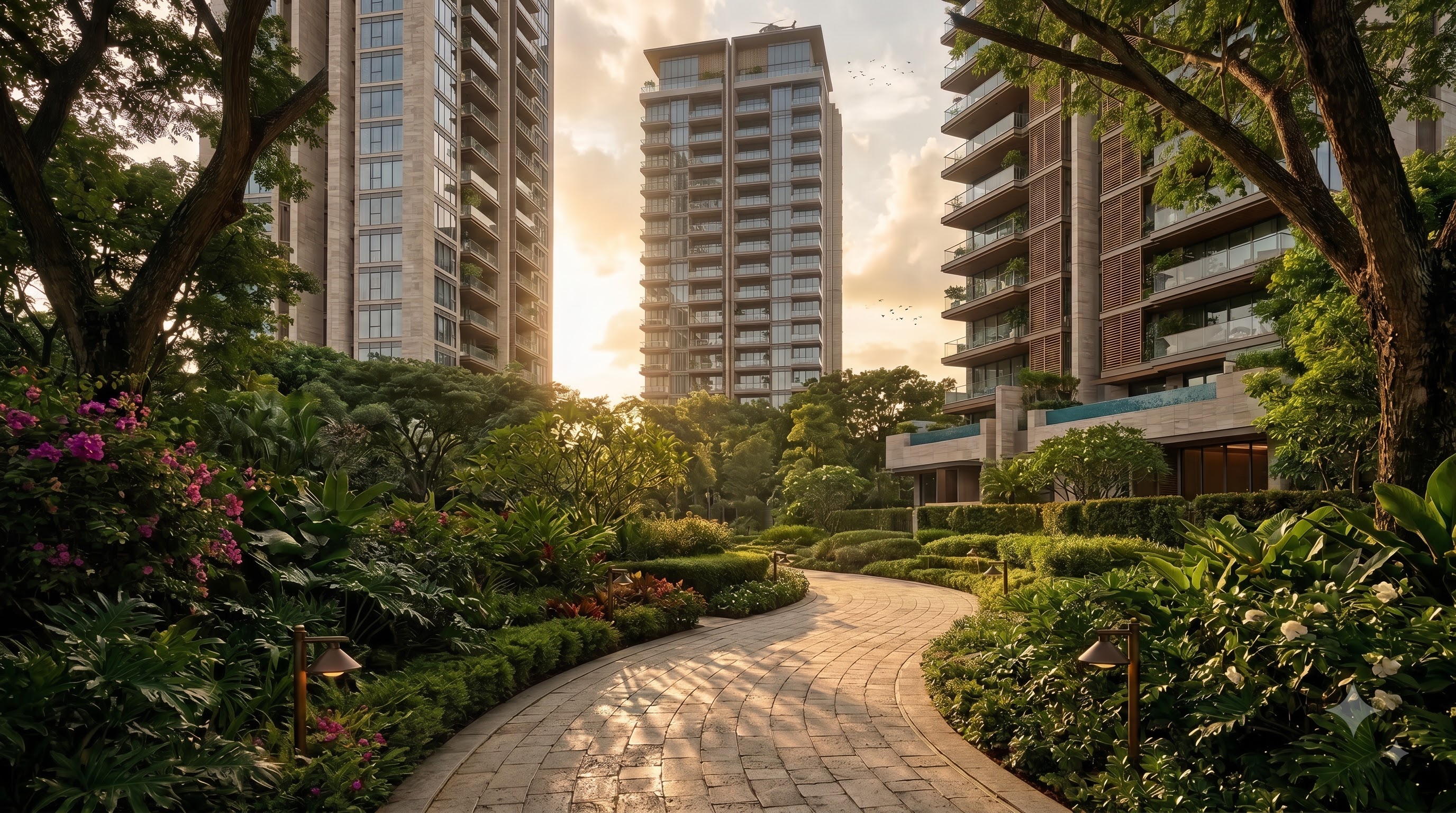 Landscaped promenade leading to Nine Zero towers