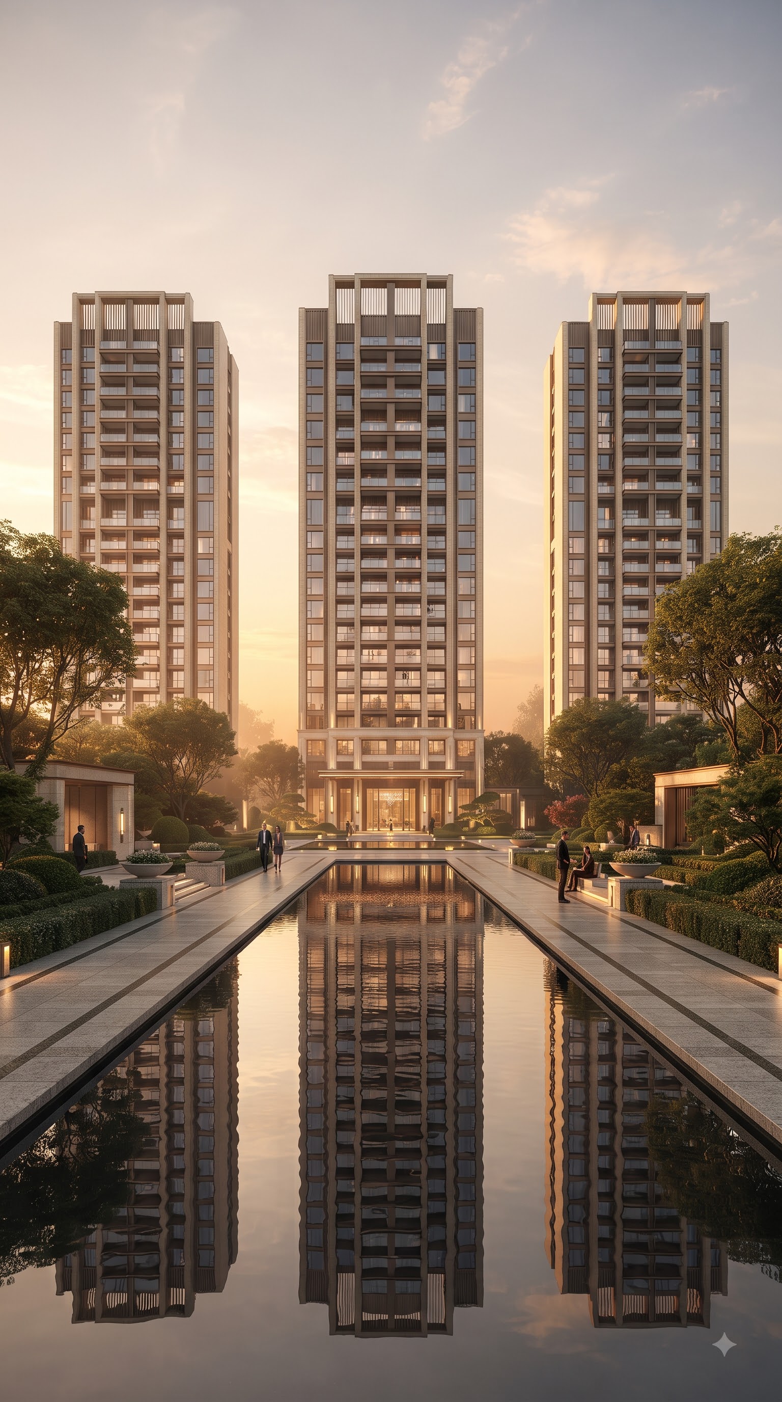 Nine Zero towers reflected across the water at dusk